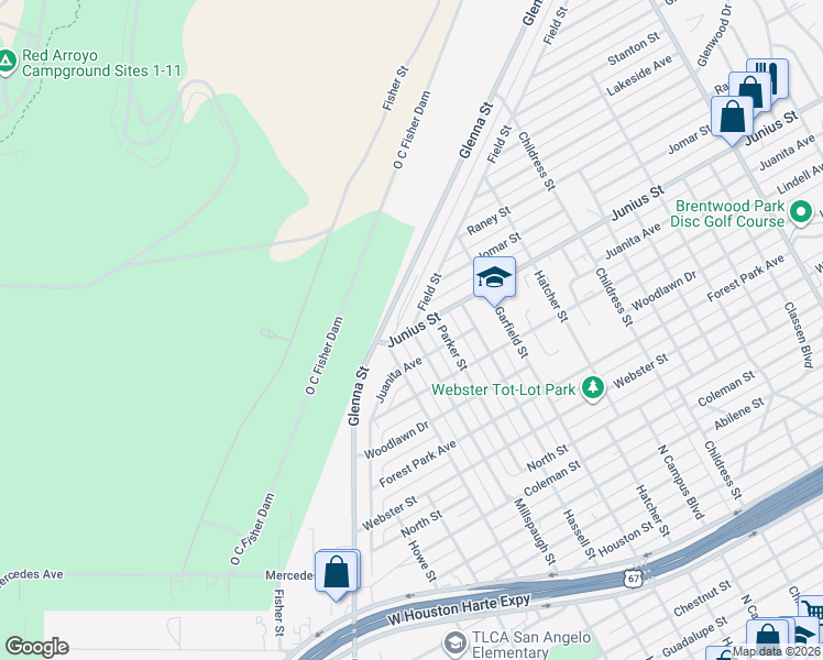 map of restaurants, bars, coffee shops, grocery stores, and more near 2951 Junius Street in San Angelo
