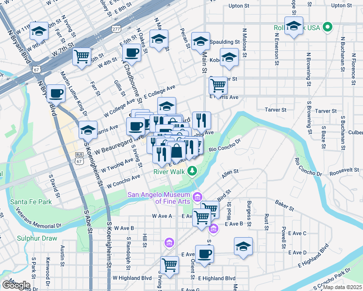 map of restaurants, bars, coffee shops, grocery stores, and more near 204 South Oakes Street in San Angelo