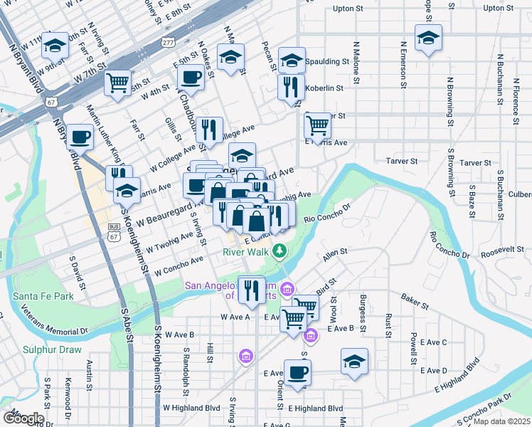 map of restaurants, bars, coffee shops, grocery stores, and more near 204 South Oakes Street in San Angelo