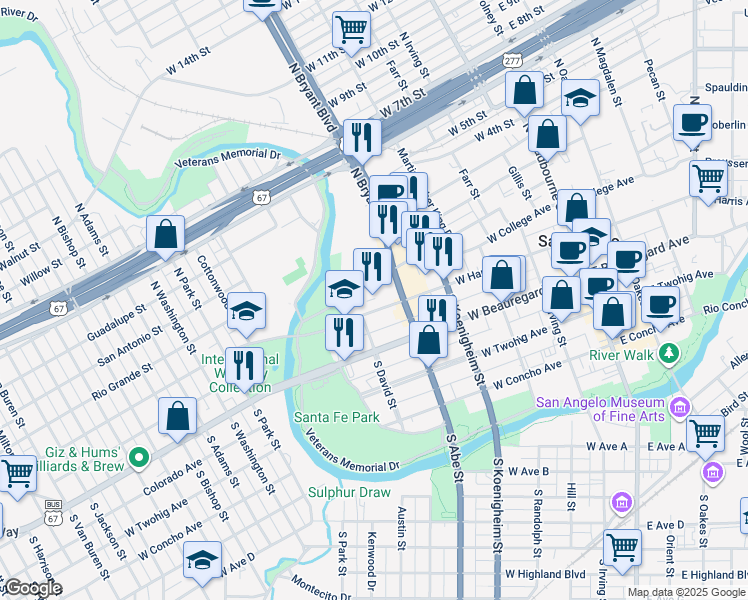 map of restaurants, bars, coffee shops, grocery stores, and more near in San Angelo