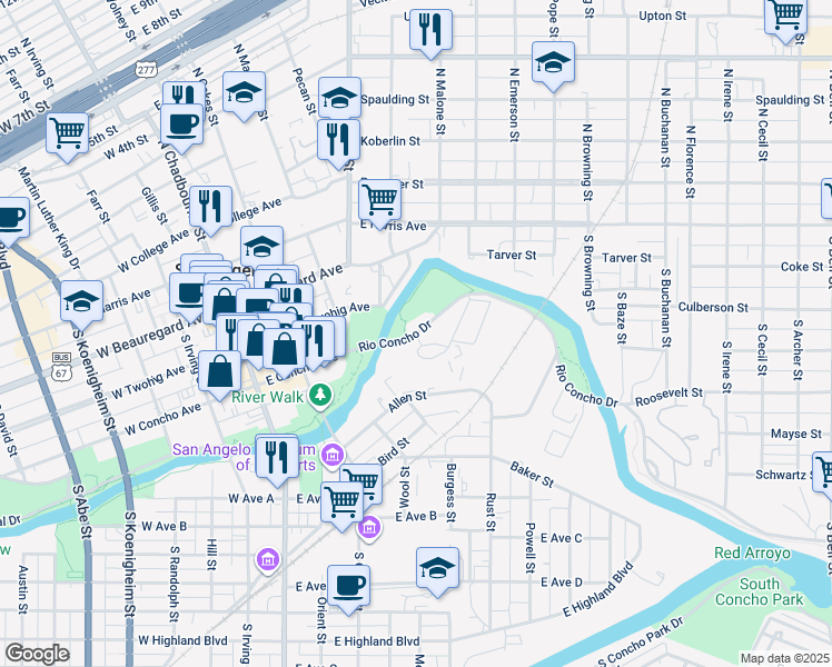 map of restaurants, bars, coffee shops, grocery stores, and more near 337 Rio Concho Drive in San Angelo