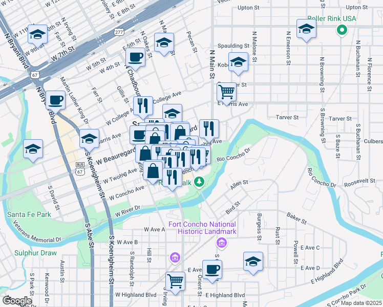 map of restaurants, bars, coffee shops, grocery stores, and more near 109 East Twohig Avenue in San Angelo