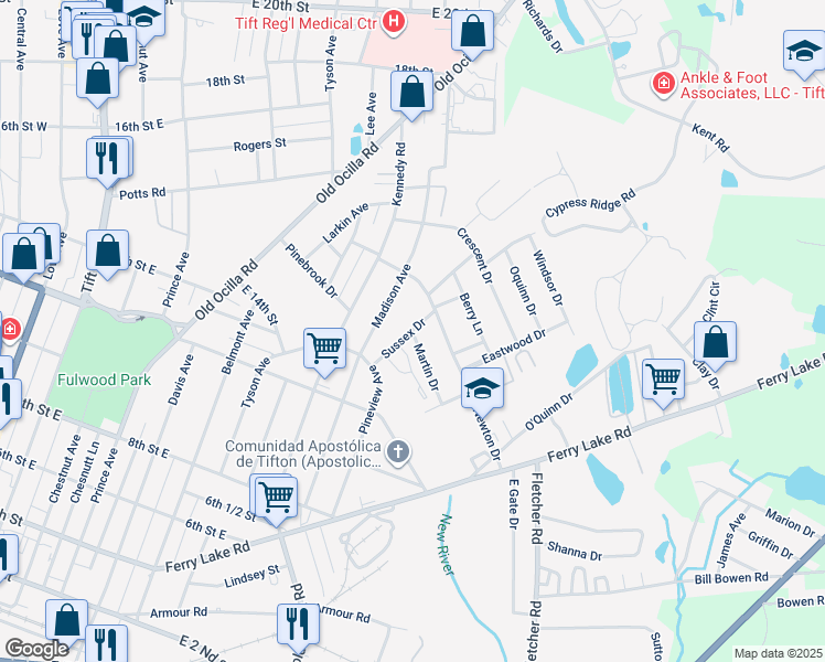 map of restaurants, bars, coffee shops, grocery stores, and more near 1101 Martin Drive in Tifton