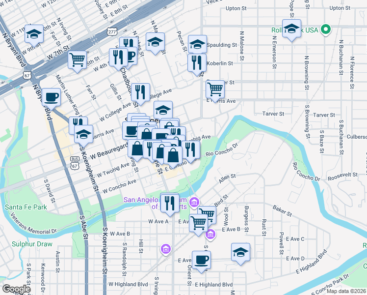 map of restaurants, bars, coffee shops, grocery stores, and more near 110 East Twohig Avenue in San Angelo