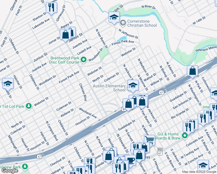 map of restaurants, bars, coffee shops, grocery stores, and more near 901-1007 N Harrison St in San Angelo