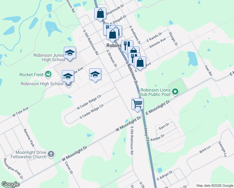 map of restaurants, bars, coffee shops, grocery stores, and more near 708 South Old Robinson Road in Robinson