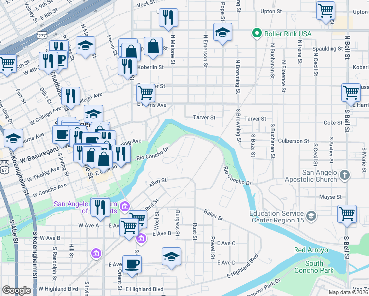 map of restaurants, bars, coffee shops, grocery stores, and more near 337-379 Rio Concho Drive in San Angelo