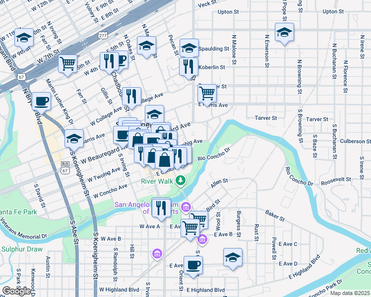 map of restaurants, bars, coffee shops, grocery stores, and more near 100 South Magdalen Street in San Angelo
