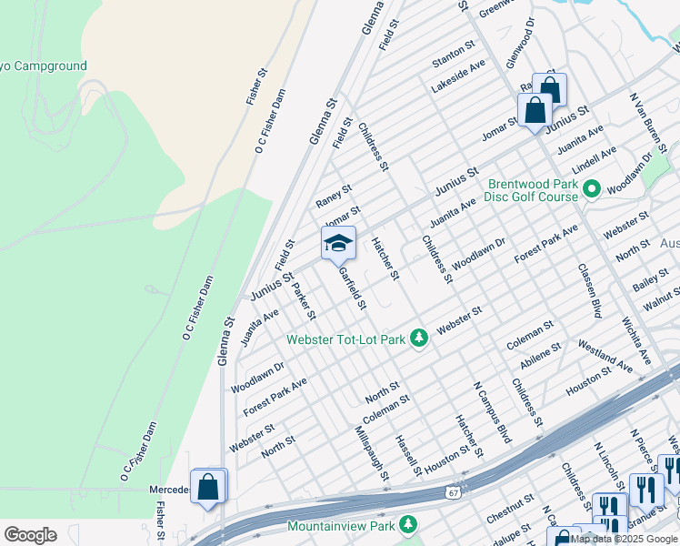 map of restaurants, bars, coffee shops, grocery stores, and more near 1700 North Garfield Street in San Angelo