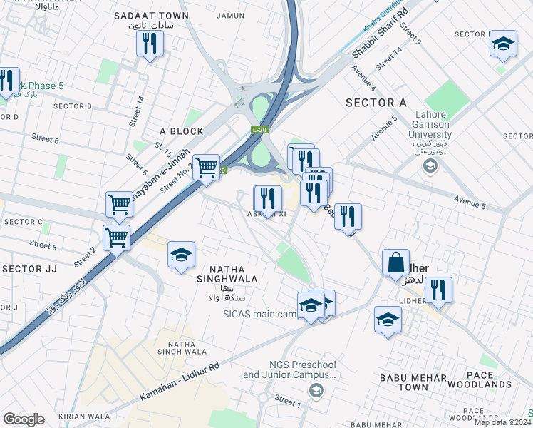 map of restaurants, bars, coffee shops, grocery stores, and more near in Lahore