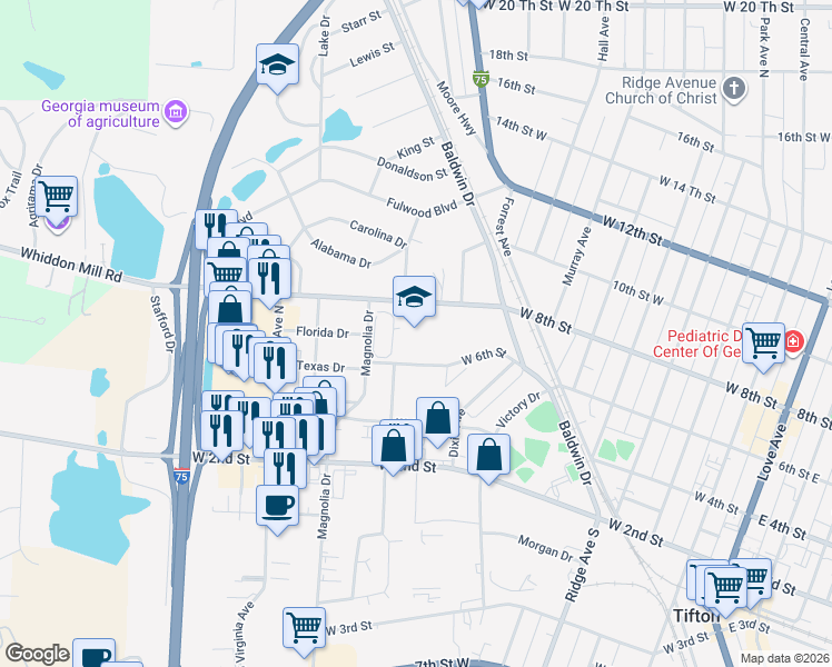 map of restaurants, bars, coffee shops, grocery stores, and more near 700 West 8th Street in Tifton