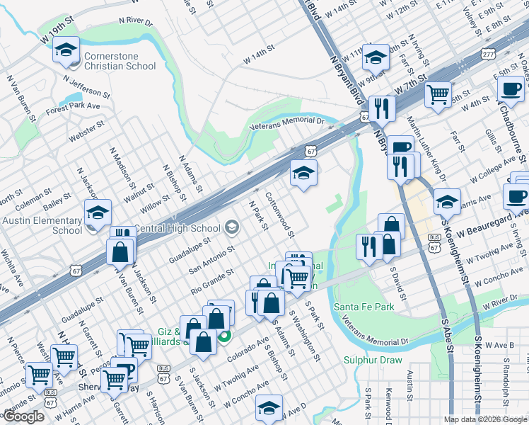 map of restaurants, bars, coffee shops, grocery stores, and more near 323 Cottonwood Street in San Angelo