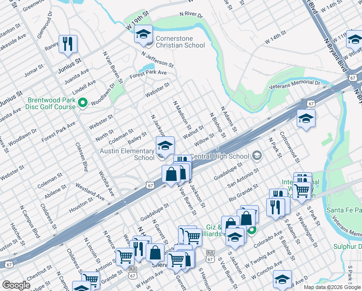 map of restaurants, bars, coffee shops, grocery stores, and more near 715 North Monroe Street in San Angelo
