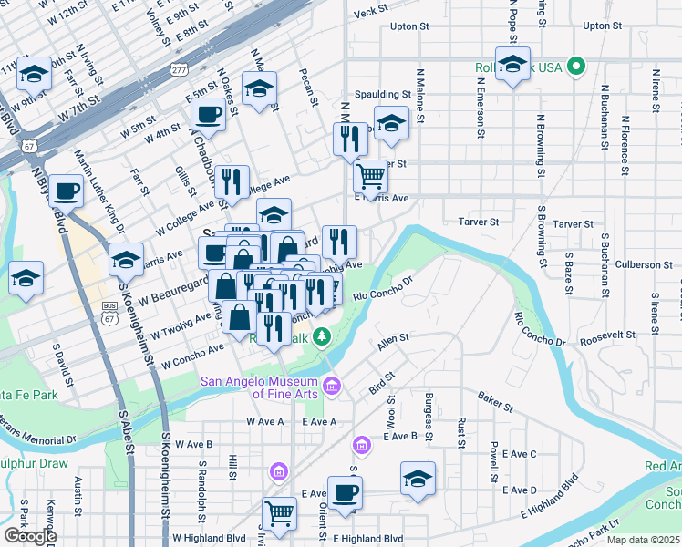 map of restaurants, bars, coffee shops, grocery stores, and more near 100-198 South Magdalen Street in San Angelo