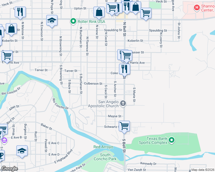 map of restaurants, bars, coffee shops, grocery stores, and more near 1401 Culberson Street in San Angelo
