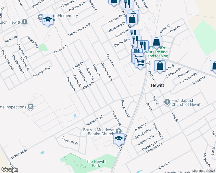 map of restaurants, bars, coffee shops, grocery stores, and more near 128 Travis Lane in Hewitt