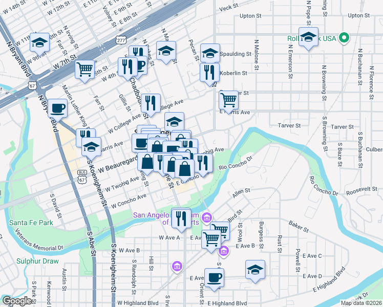 map of restaurants, bars, coffee shops, grocery stores, and more near 110 East Twohig Avenue in San Angelo