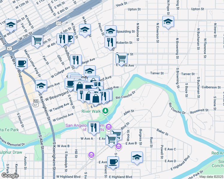 map of restaurants, bars, coffee shops, grocery stores, and more near 100-198 South Magdalen Street in San Angelo