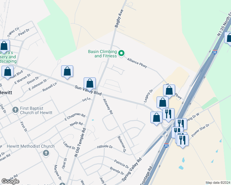 map of restaurants, bars, coffee shops, grocery stores, and more near 116 Western Way in Hewitt