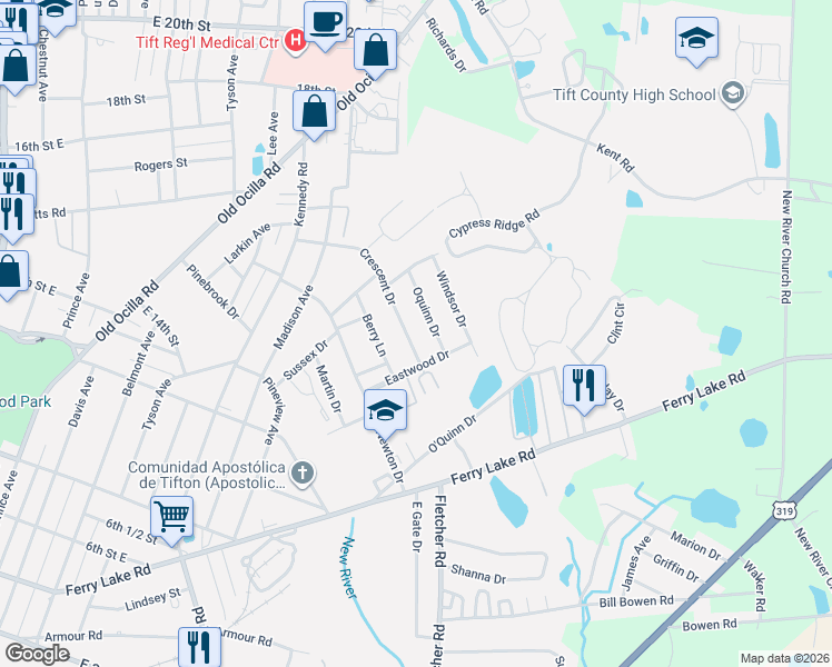 map of restaurants, bars, coffee shops, grocery stores, and more near 1150 Oquinn Drive in Tifton