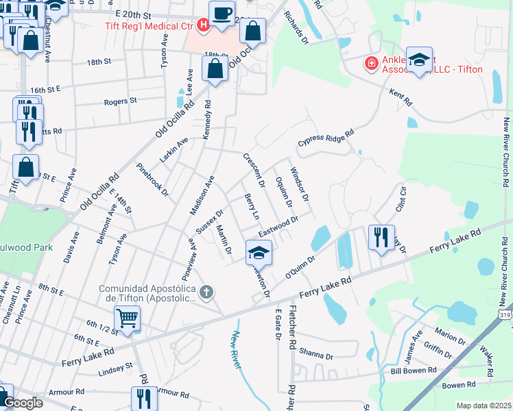 map of restaurants, bars, coffee shops, grocery stores, and more near 1207 Berry Lane in Tifton