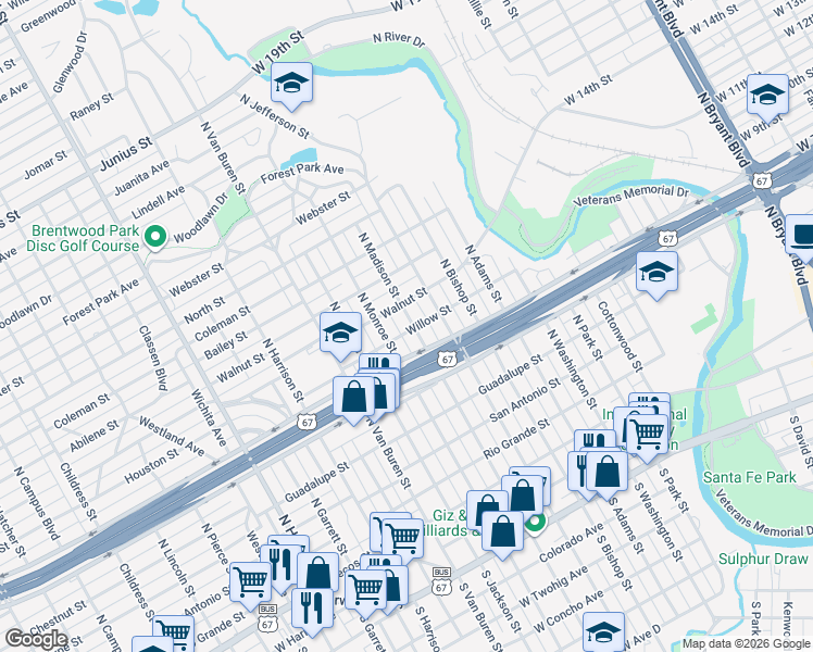 map of restaurants, bars, coffee shops, grocery stores, and more near 1506 Willow Street in San Angelo