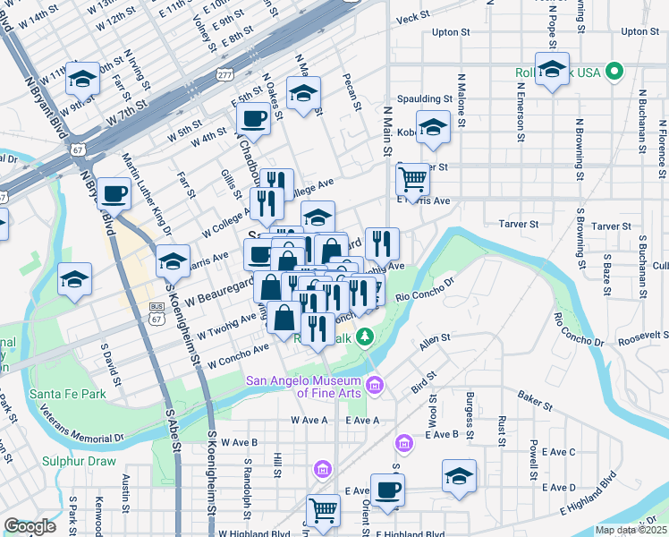 map of restaurants, bars, coffee shops, grocery stores, and more near 130 South Oakes Street in San Angelo