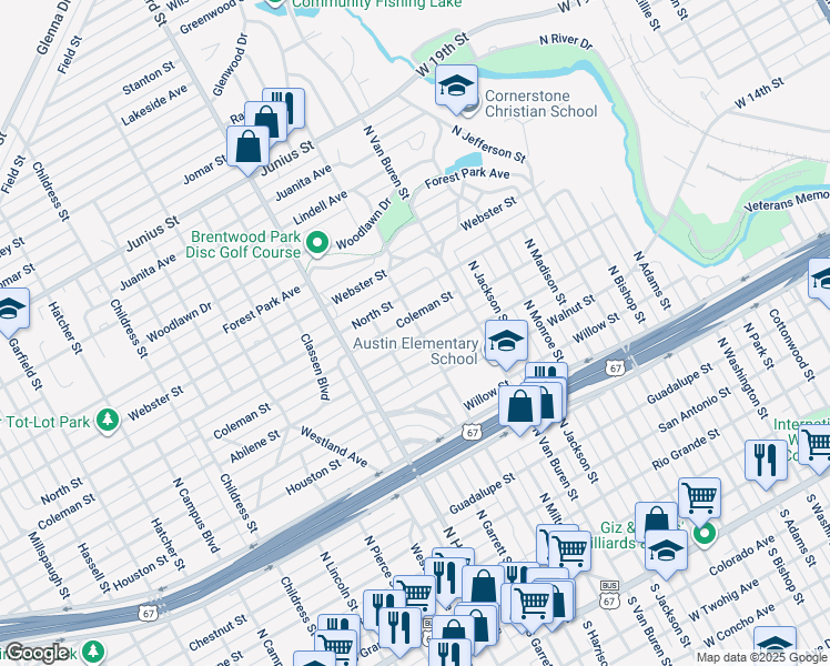 map of restaurants, bars, coffee shops, grocery stores, and more near 901 North Harrison Street in San Angelo