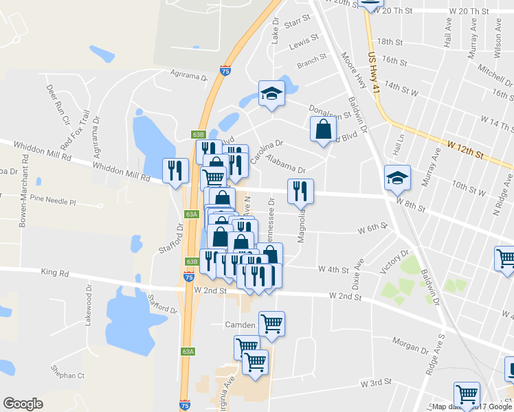 map of restaurants, bars, coffee shops, grocery stores, and more near 909 Florida Drive in Tifton