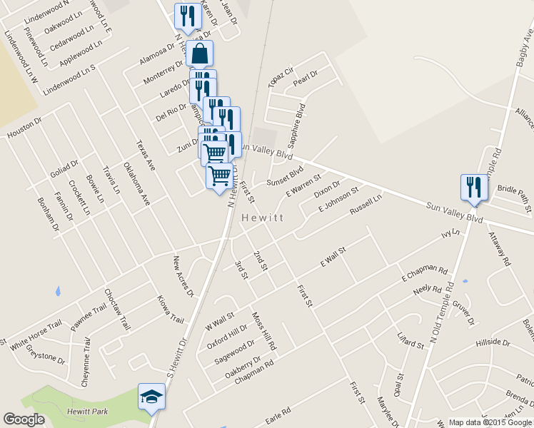 map of restaurants, bars, coffee shops, grocery stores, and more near 100 North 1st Street in Hewitt