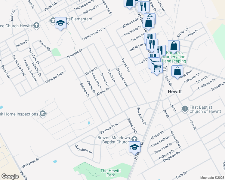 map of restaurants, bars, coffee shops, grocery stores, and more near 144 Bowie Lane in Hewitt