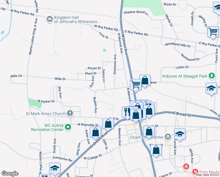 map of restaurants, bars, coffee shops, grocery stores, and more near 300 Simmons Street in Ozark