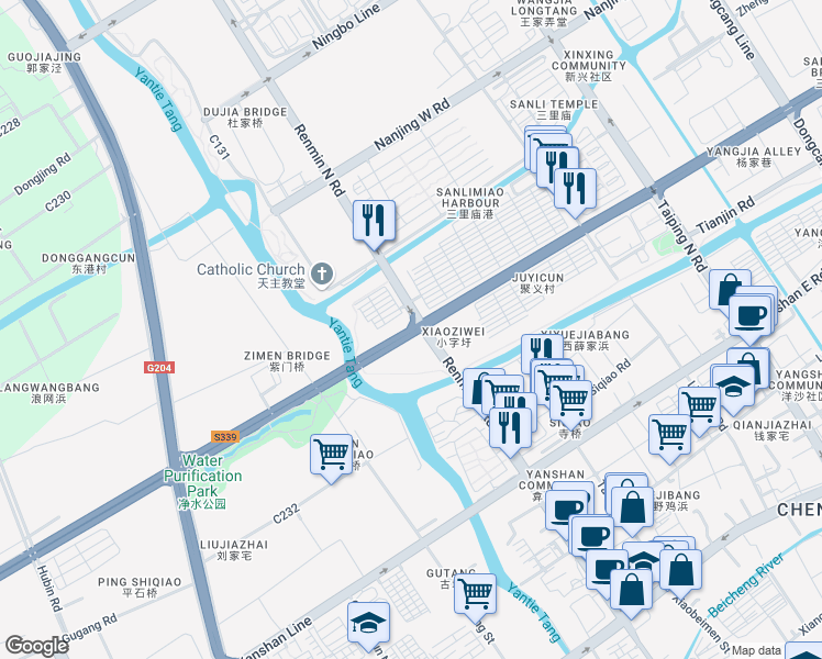 map of restaurants, bars, coffee shops, grocery stores, and more near Su Zhou Lu in Suzhou Shi