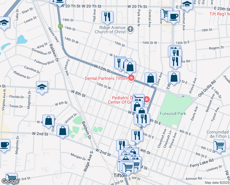 map of restaurants, bars, coffee shops, grocery stores, and more near 820 North Ridge Avenue in Tifton