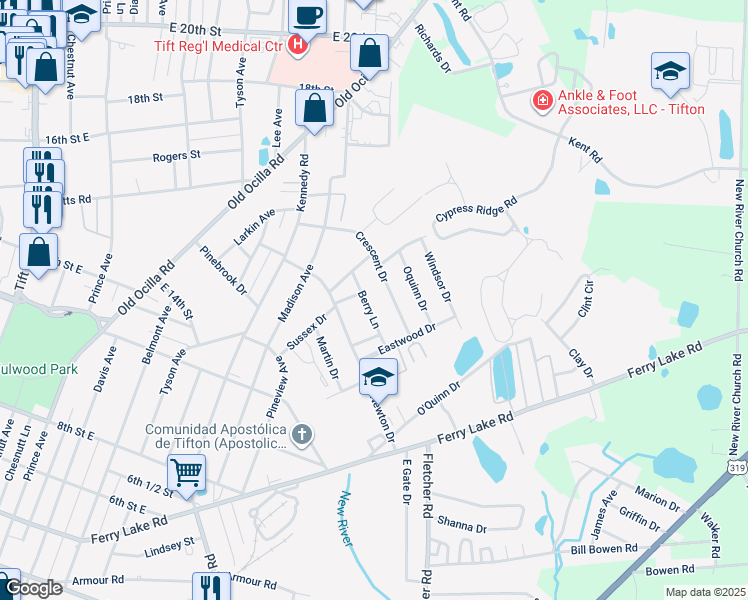 map of restaurants, bars, coffee shops, grocery stores, and more near 1207 Berry Lane in Tifton