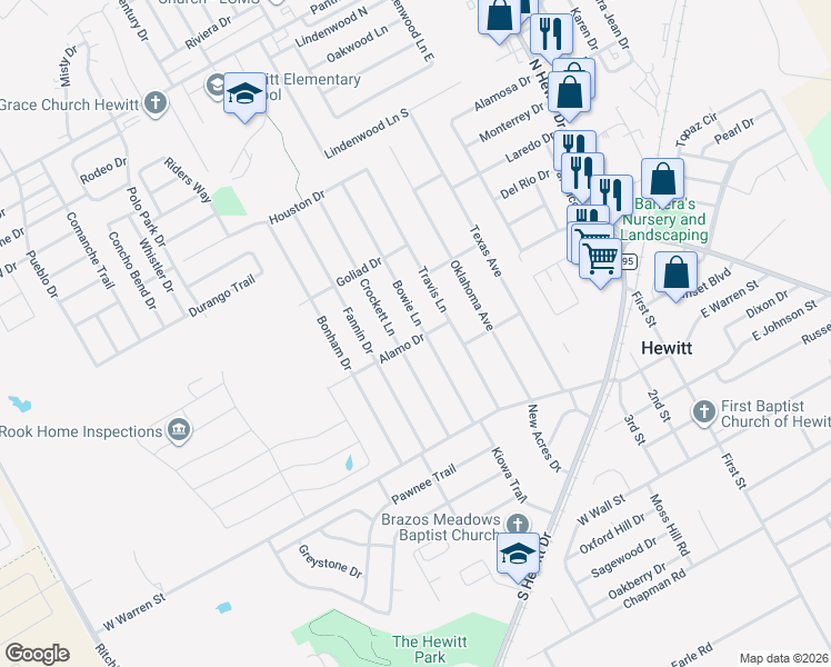 map of restaurants, bars, coffee shops, grocery stores, and more near 201 Bowie Lane in Hewitt
