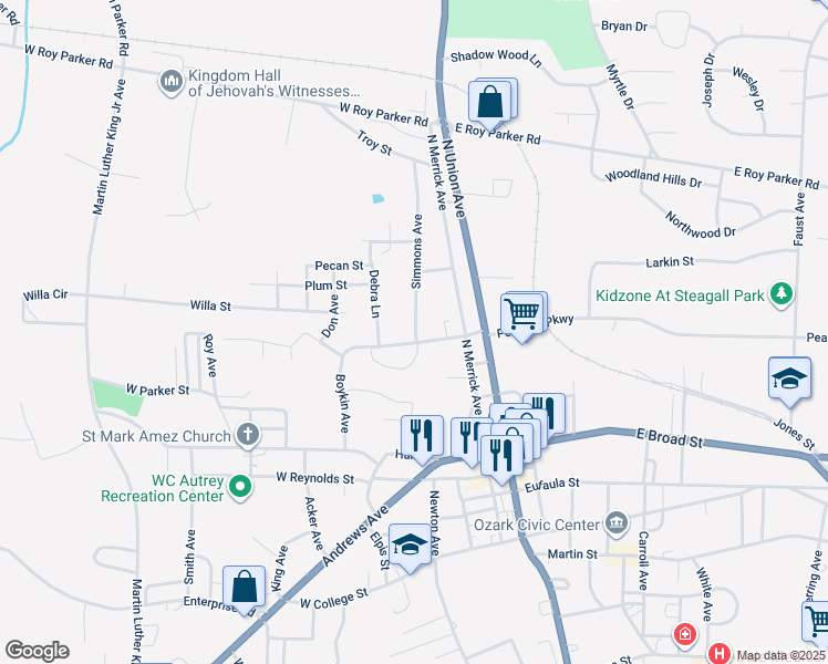 map of restaurants, bars, coffee shops, grocery stores, and more near 300 Simmons Street in Ozark