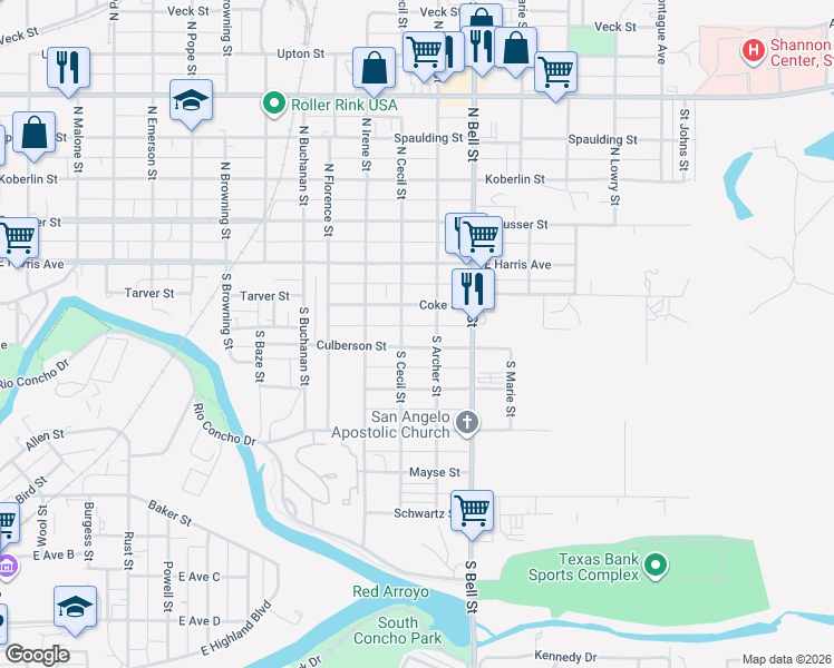 map of restaurants, bars, coffee shops, grocery stores, and more near 1401-1499 Culberson Street in San Angelo