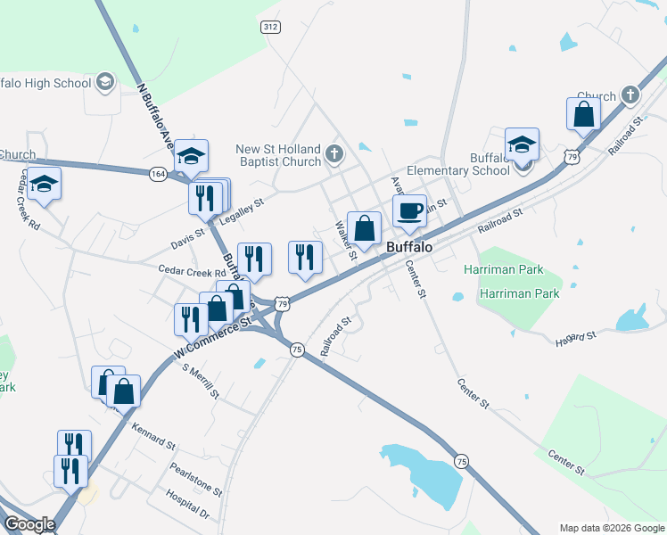 map of restaurants, bars, coffee shops, grocery stores, and more near 542 East Commerce Street in Buffalo