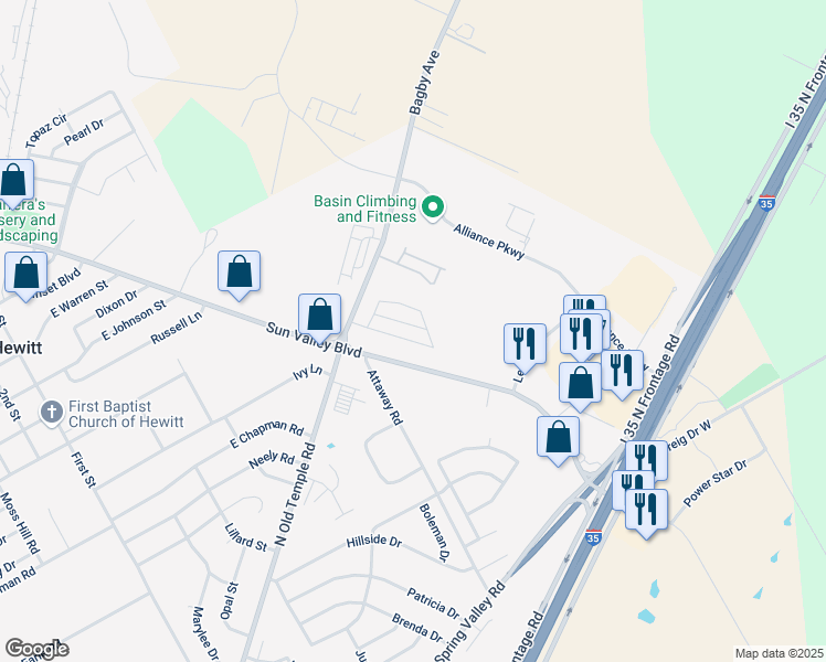 map of restaurants, bars, coffee shops, grocery stores, and more near 116 Western Way in Hewitt