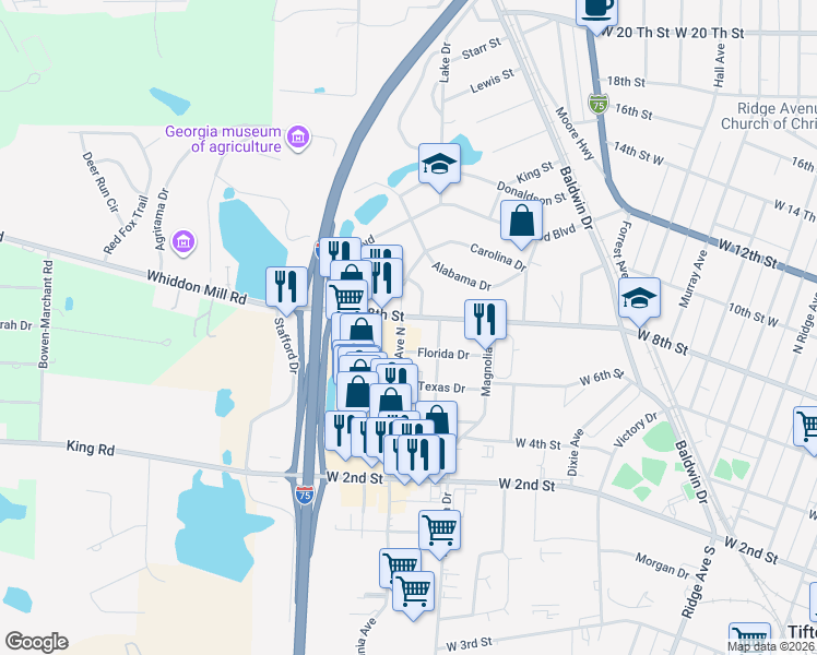 map of restaurants, bars, coffee shops, grocery stores, and more near 909 Florida Drive in Tifton