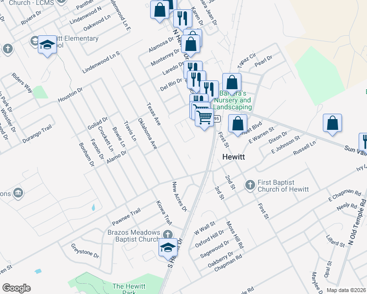 map of restaurants, bars, coffee shops, grocery stores, and more near 116 Texas Avenue in Hewitt
