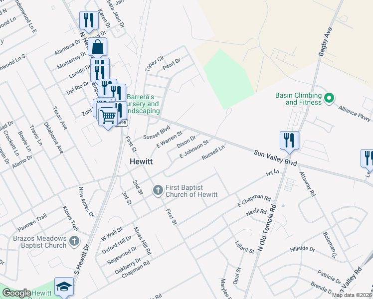 map of restaurants, bars, coffee shops, grocery stores, and more near 340 Dixon Drive in Hewitt