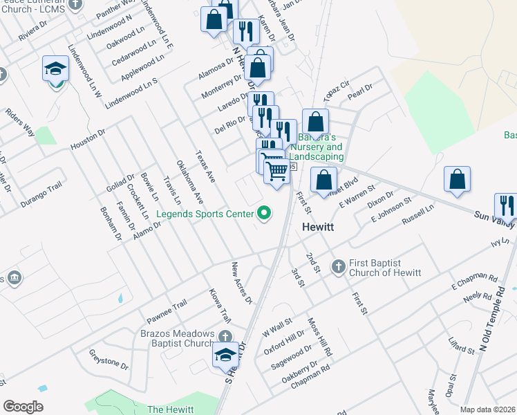map of restaurants, bars, coffee shops, grocery stores, and more near 305 Romana Circle in Hewitt