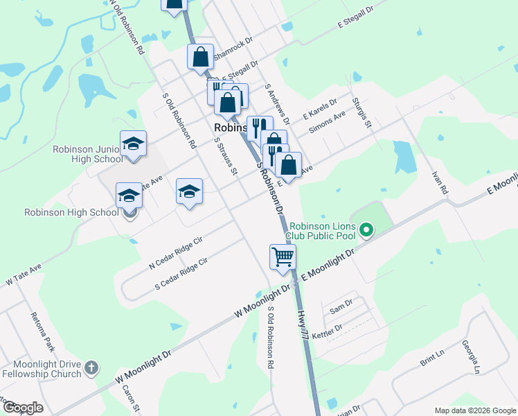 map of restaurants, bars, coffee shops, grocery stores, and more near 701 South Robinson Drive in Robinson