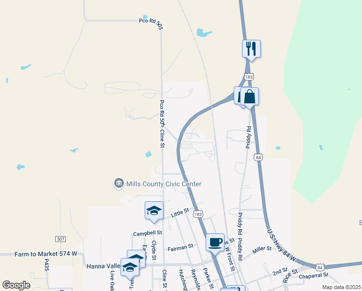 map of restaurants, bars, coffee shops, grocery stores, and more near 2016 Fisher Street in Goldthwaite