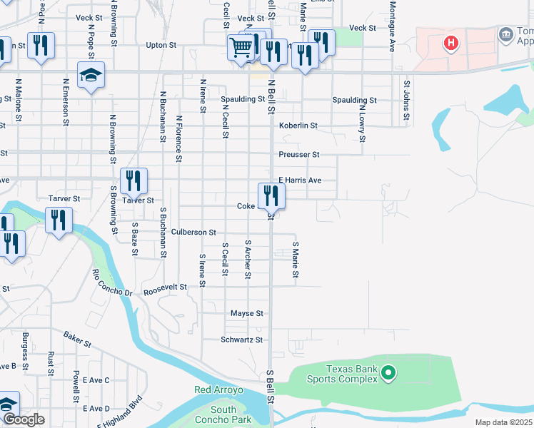map of restaurants, bars, coffee shops, grocery stores, and more near 1601-1619 Coke Street in San Angelo
