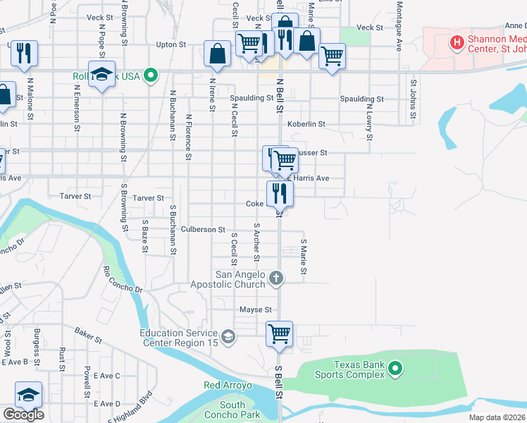 map of restaurants, bars, coffee shops, grocery stores, and more near 1500-1598 Coke Street in San Angelo