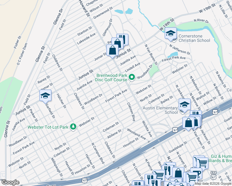 map of restaurants, bars, coffee shops, grocery stores, and more near 2209 Woodlawn Drive in San Angelo