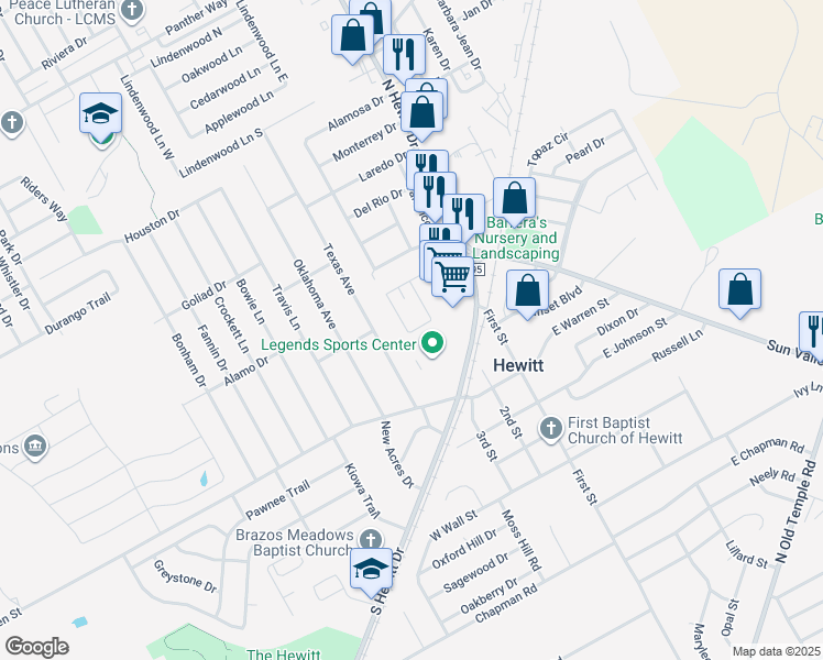 map of restaurants, bars, coffee shops, grocery stores, and more near 305 Romana Circle in Hewitt